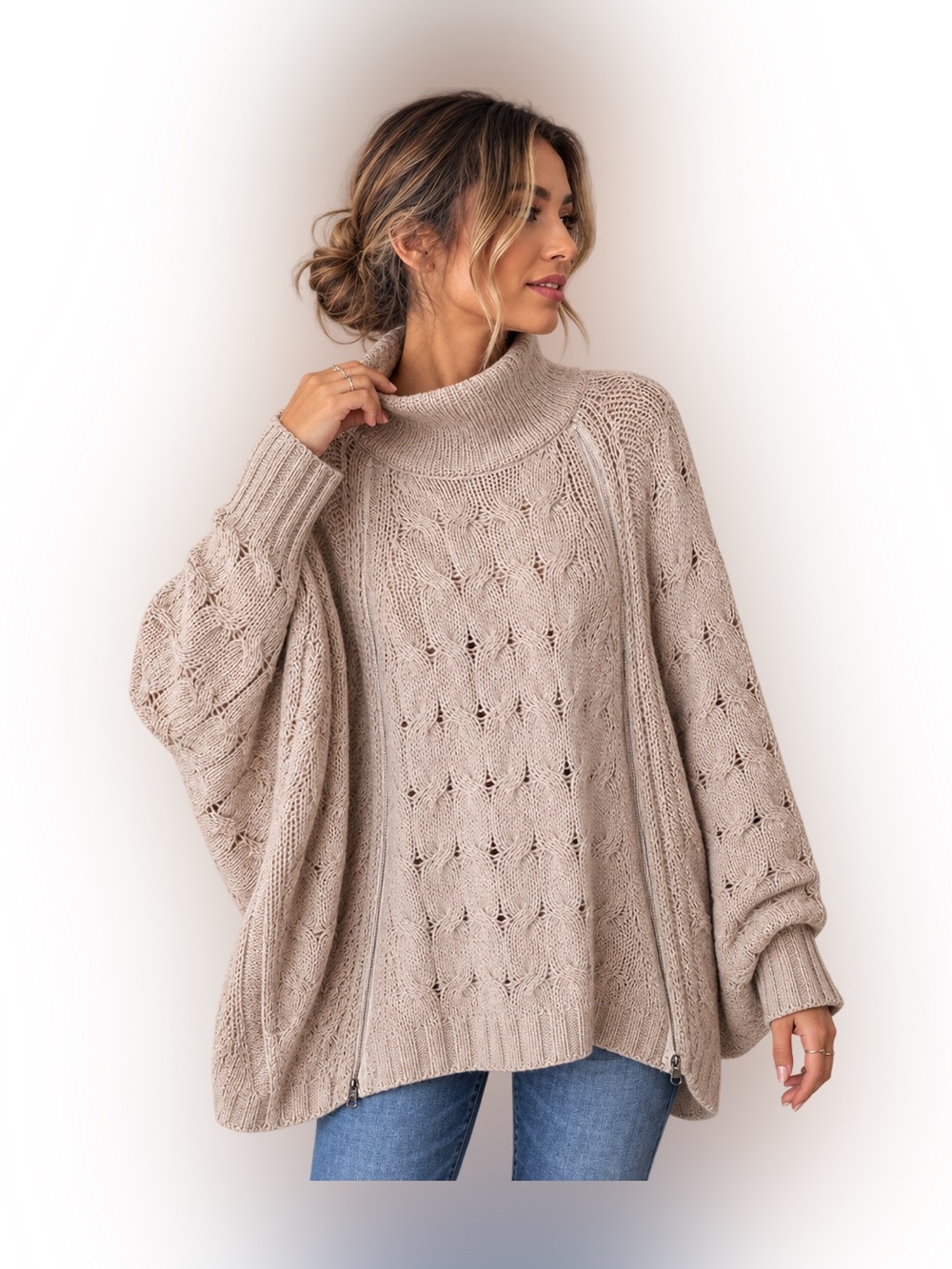 Lovestitch Beige Wool Blend Poncho Sweater S/M Oversized Batwing Turtleneck
